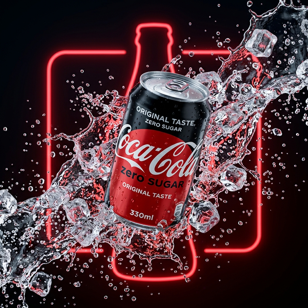 Sleek cold Coke Zero can surrounded by ice and splashing water