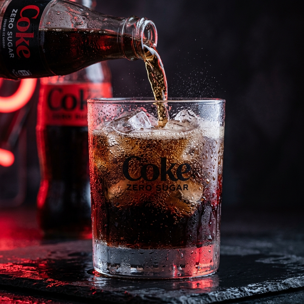 Macro shot of cold Coke Zero pouring into a glass with ice