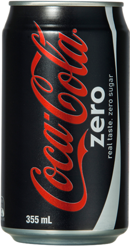 An ice-cold black can of Coca-Cola Zero Sugar
